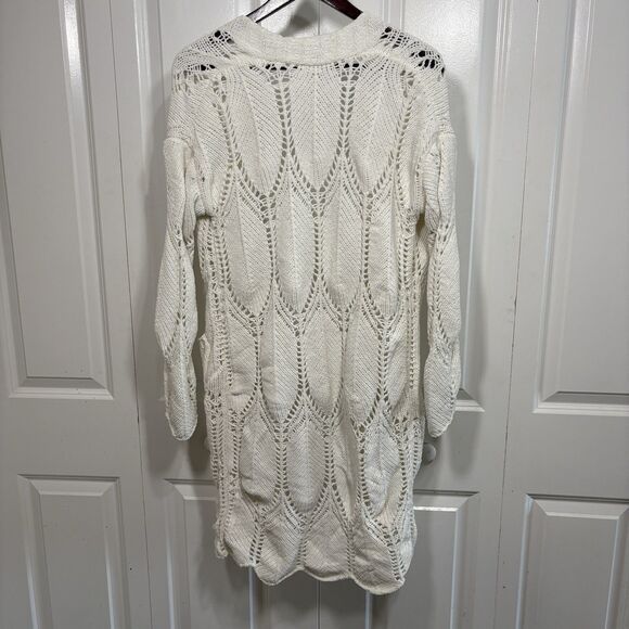 Freshman 1996 Cardigan Womens M White Chunky Knit Long Open Front Boho Cozy - Picture 4 of 8